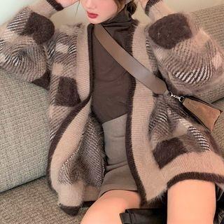 Turtleneck Long-sleeve T-shirt / Mini A-line Skirt / Plaid Cardigan