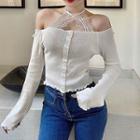 Long-sleeve Cold-shoulder Lace Trim Knit Top