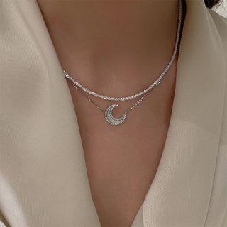 Rhinestone Crescent Layered Necklace Set Of 2 - Silver - One Size
