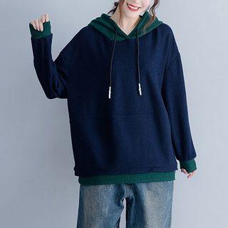 Two Tone Ribbed Hoodie Blue - One Size