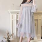 Long-sleeve Frill Trim Shift Mesh Dress Gray - One Size