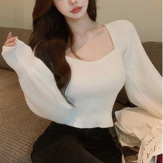 Square-neck Puff-sleeve Knit Crop Top
