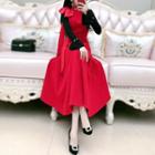Set: Long-sleeve Mock-neck Knit Top + Sleeveless Midi A-line Dress