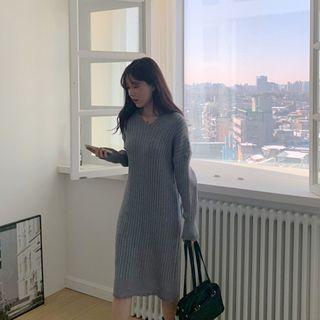 V-neck Ribbed Knit Hoodie Dress Gray - One Size