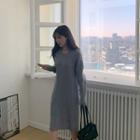 V-neck Ribbed Knit Hoodie Dress Gray - One Size