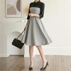 Elbow-sleeve Color-block A-line Dress With Belt