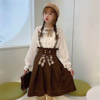 Sailor Collar Shirt / High Waist Suspender Skirt