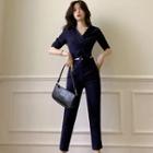 Set: V-neck Short-sleeve Blouse + Cropped Skinny Pants