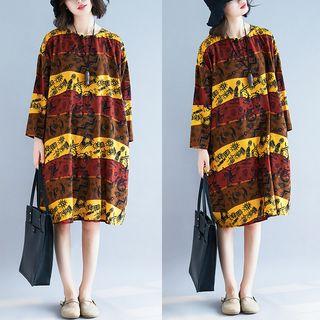 Printed Long-sleeve A-line Dress As Shown In Figure - One Size