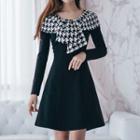Houndstooth Panel Long-sleeve A-line Dress
