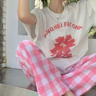 Elbow-sleeve Chinese Character Print T-shirt / Gingham Check Pants