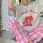 Elbow-sleeve Chinese Character Print T-shirt / Gingham Check Pants