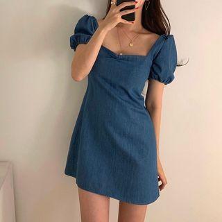 Short-sleeve Square-neck Mini A-line Denim Dress