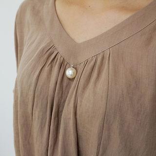 Faux-pearl Accent Linen Blend Peasant Blouse