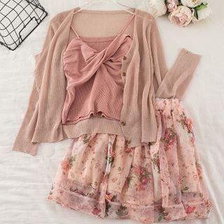 Twisted Camisole Top / Cardigan / Floral Print Mini A-line Skirt Pink - One Size