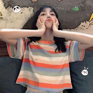Striped Short-sleeve Crop T-shirt As Shown In Figure - One Size