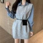 Long-sleeve Denim Shirt / Plain Knit Vest / Faux Leather Belt Bag