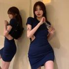 Short-sleeve Cutout Shirred Mini Bodycon Dress Blue - One Size