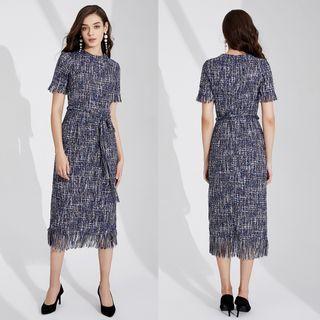 Short-sleeve Tweed Tasseled Midi A-line Dress