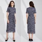 Short-sleeve Tweed Tasseled Midi A-line Dress