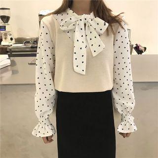 Mock Two-piece Tie-neck Heart Printed Sweatshirt