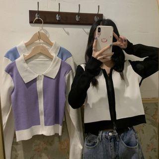 Long-sleeve Button-up Collared Knit Top