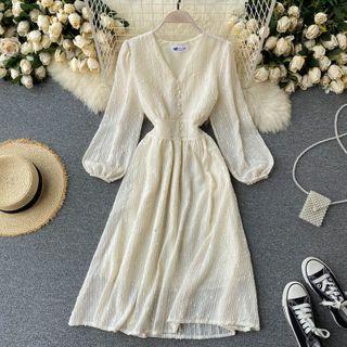 V-neck Long-sleeve Mesh Dress