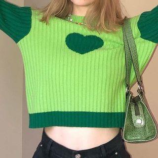 High Neck Two-toned Heart Graphic Knit Top