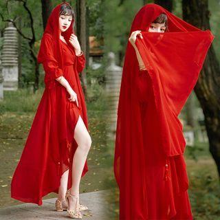 Plain V-neck Open-back Chiffon Dress / Plain Scarf