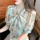Short-sleeve Bow Floral Chiffon Blouse
