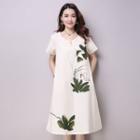 Floral Print Short-sleeve Linen Cotton Dress