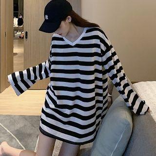 V-neck Long-sleeve Striped Tunic T-shirt Stripe - One Size