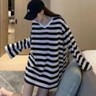V-neck Long-sleeve Striped Tunic T-shirt Stripe - One Size
