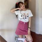 Printed Short-sleeve T-shirt / Mini A-line Denim Skirt
