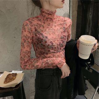 Long-sleeve Turtleneck Floral Mesh Top