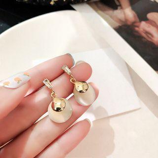 Geometric Drop Earring 1 Pair - Earring - Silver Pin - Oval - Cat Eye Stone - Gold - One Size