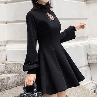 Long-sleeve Mock Neck Cut Out Mini A-line Dress
