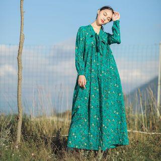 Floral Long-sleeve Maxi A-line Dress Green - One Size