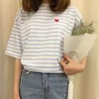 Heart Embroidered Striped Elbow-sleeve T-shirt