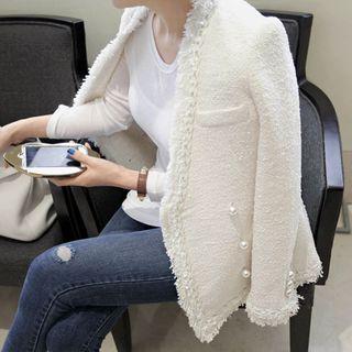 Faux Pearl Double Breasted Fringed Tweed Jacket