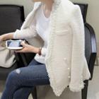 Faux Pearl Double Breasted Fringed Tweed Jacket