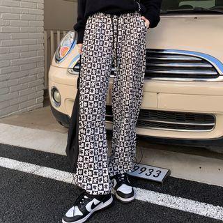 Checkerboard Floral Drawstring-cuff Pants Pants - Black & White - One Size