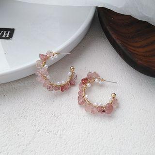 Faux Pearl Faux Crystal Open Hoop Earring 1 Pair - Ear Studs - Mauve & Gold - One Size