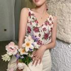 Sleeveless Flower Print Blouse / Ruffle Hem Midi Pencil Skirt