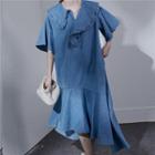 Elbow-sleeve Denim Asymmetrical A-line Dress