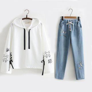 Hooded Cat Print Jacket / Cat Embroidered Straight-cut Jeans