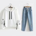 Hooded Cat Print Jacket / Cat Embroidered Straight-cut Jeans
