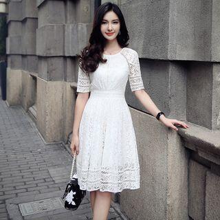 Short-sleeve Lace Tie Waist Midi Dress