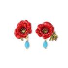 Fashion And Elegant Plated Gold Enamel Red Peony Stud Earrings With Green Cubic Zirconia Golden - One Size