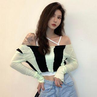 Long-sleeve Off-shoulder Color Block Crop Top / Camisole Top